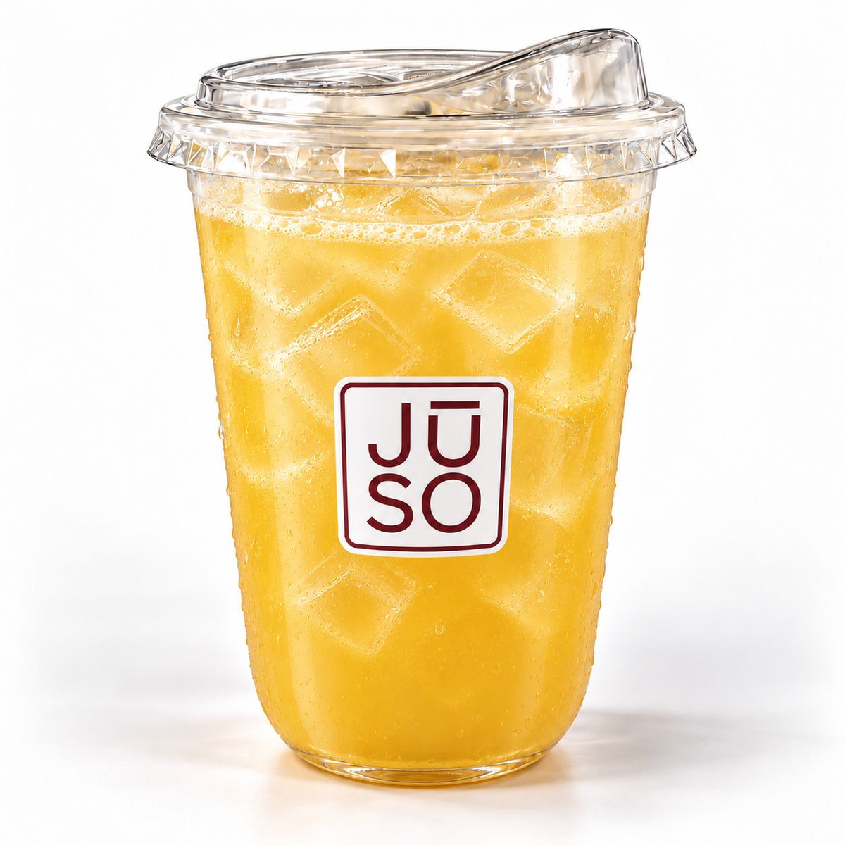 JŪSO Apple Pure Press served over ice in a branded clear cup with a matching sip lid