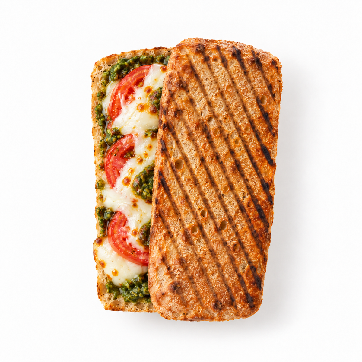 Italian Melt with pesto, tomato and mozzarella in grilled sourdough ciabatta