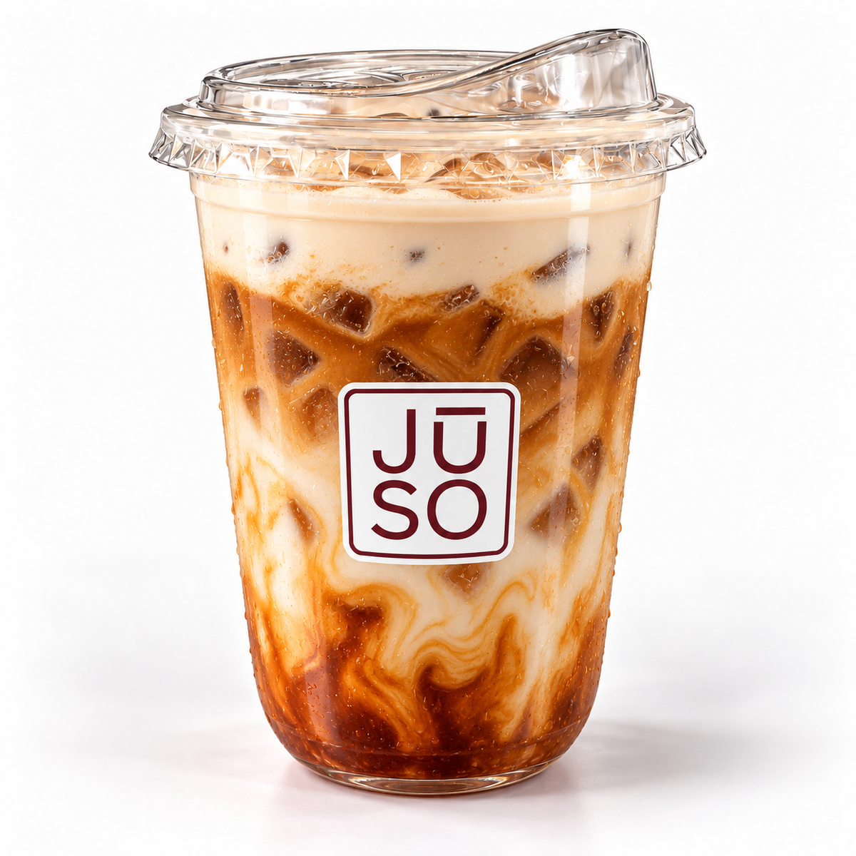 JŪSO Pumpkin Spice Iced Latte in a branded clear cup with a sip lid