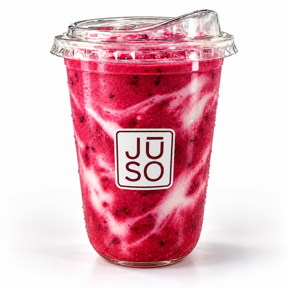 JŪSO Berry Blend mixed berry smoothie in a branded clear cup