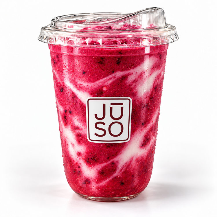 JŪSO Berry Blend mixed berry smoothie in a branded clear cup