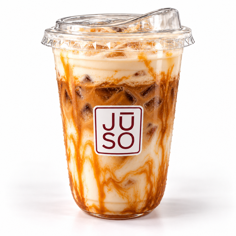 JŪSO Caramel Drizzle Iced Latte with caramel swirls and cold foam