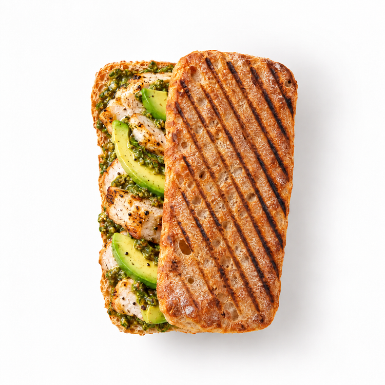 Chicken Avo Melt with salt and pepper chicken, pesto and avocado in grilled sourdough ciabatta