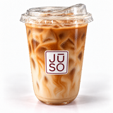 JŪSO iced latte with espresso, milk and ice in a branded clear cup with a clear sip lid