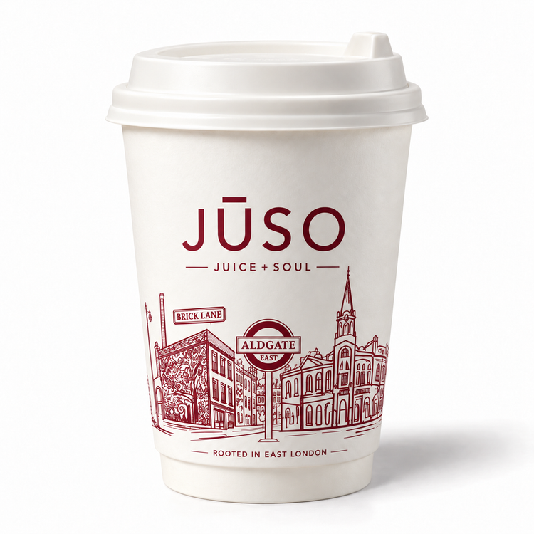 JŪSO Americano served hot in a white cup with a white lid and centred burgundy logo above the Aldgate East illustration