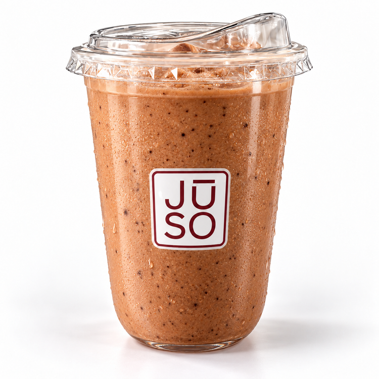 JŪSO Muscle Works chocolate protein smoothie in a branded clear cup