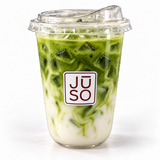 JŪSO OG Matcha Latte served iced with green matcha and milk in a branded clear cup