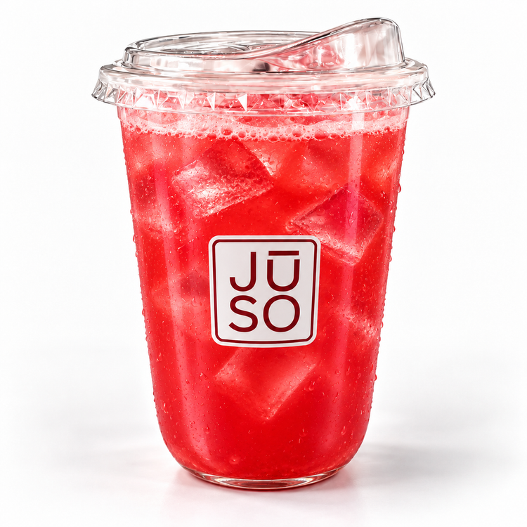 JŪSO Pink Press watermelon and strawberry juice served over ice