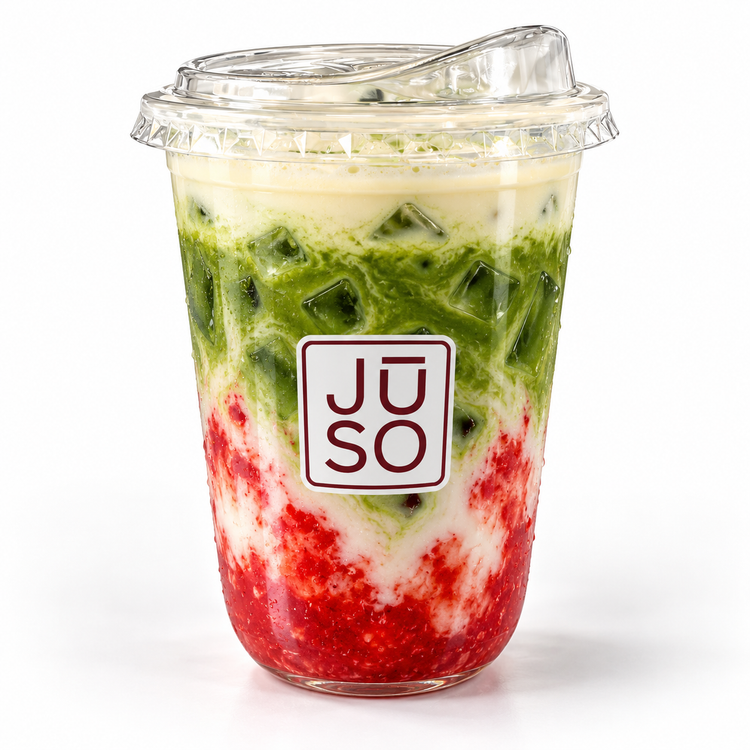 JŪSO Strawberry Matcha with strawberry, milk and green matcha layers in a branded clear cup