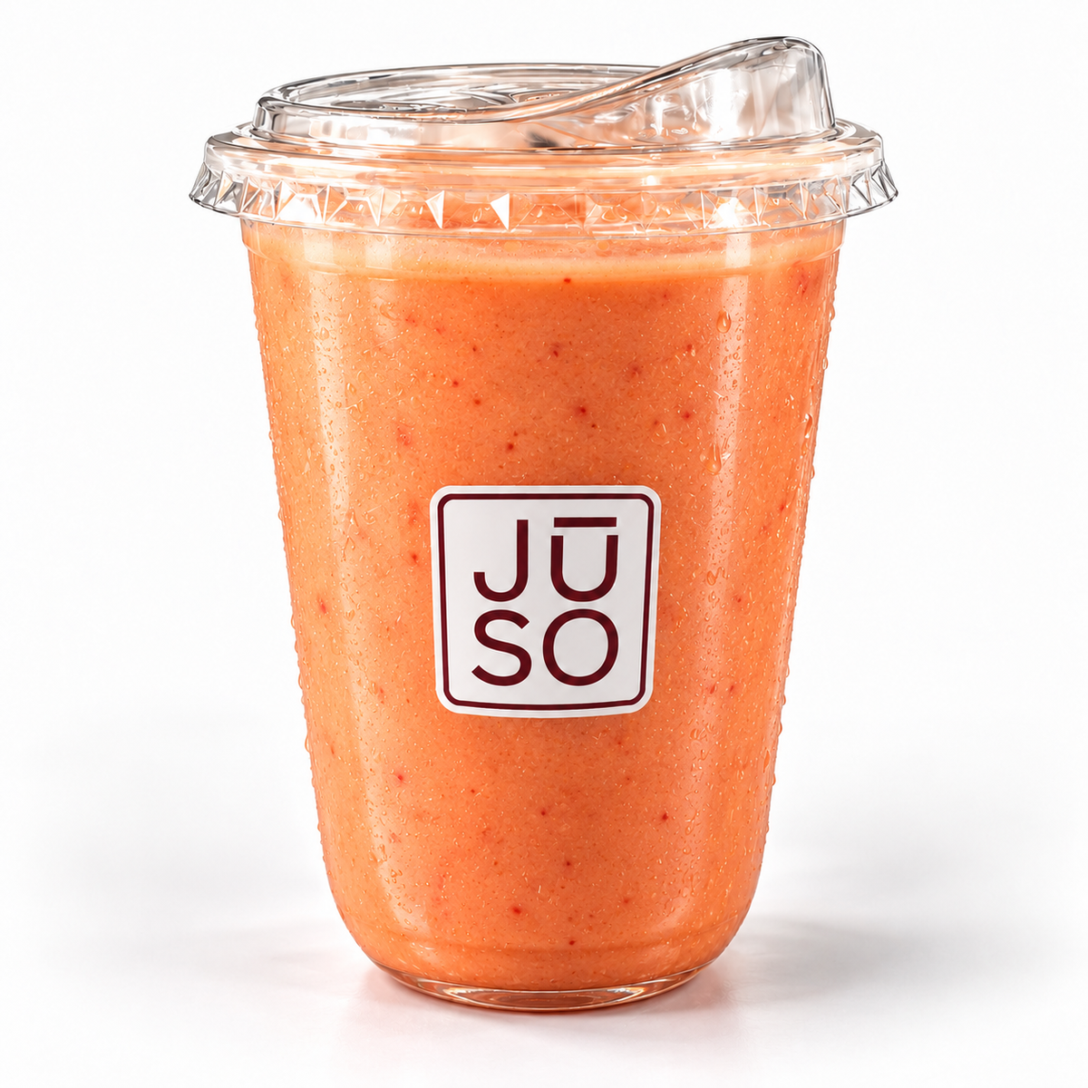 JŪSO Heartbreaker strawberry and mango smoothie in a branded clear cup