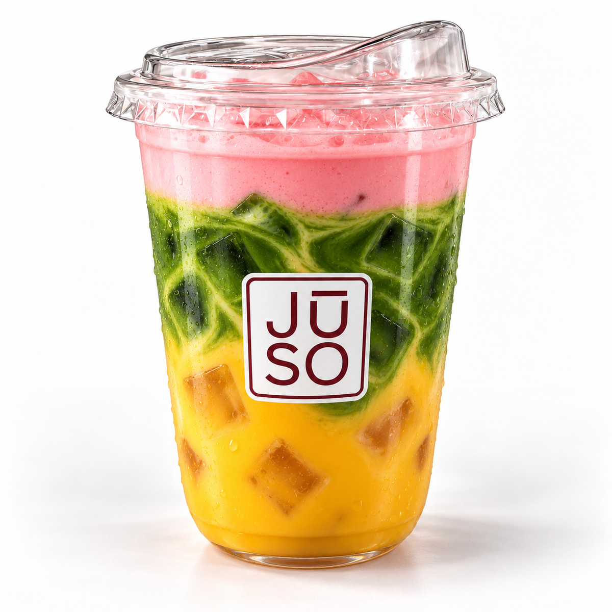 JŪSO Sunset Matcha with mango, green matcha and pink rose cold foam