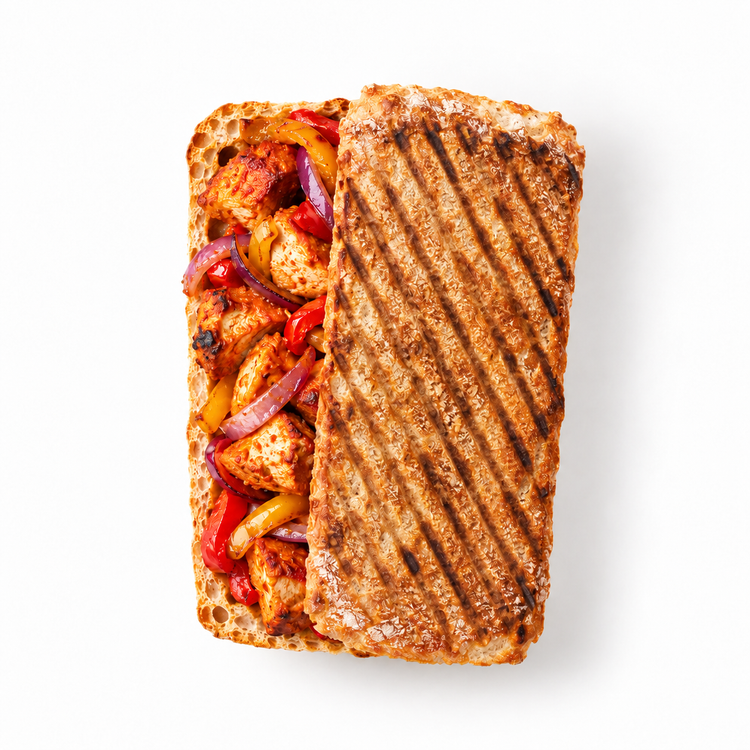 Tikka Melt with chicken tikka, red onions and peppers in grilled sourdough ciabatta