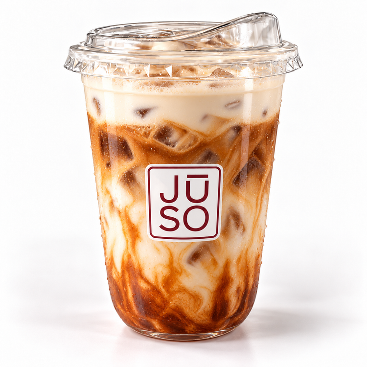 JŪSO Tiramisu Iced Latte with coffee and milk swirls