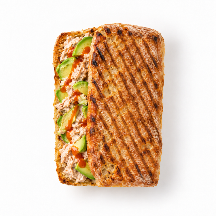 Tuna Avo Melt with tuna mayo, sriracha and avocado in grilled sourdough ciabatta